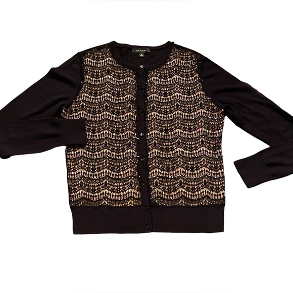 Ann Taylor emblished holiday cardigan in black and beige with lace overl… - Picture 2 of 9